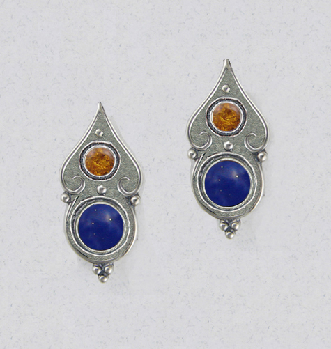 Sterling Silver Gothic Look Post Stud Earrings With Lapis Lazuli And Amber